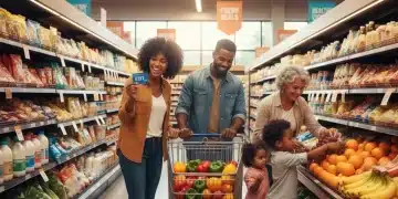 Family using EBT card for grocery shopping, symbolizing increased SNAP benefits.
