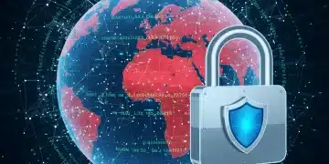 Global cyber threat map with padlock icon