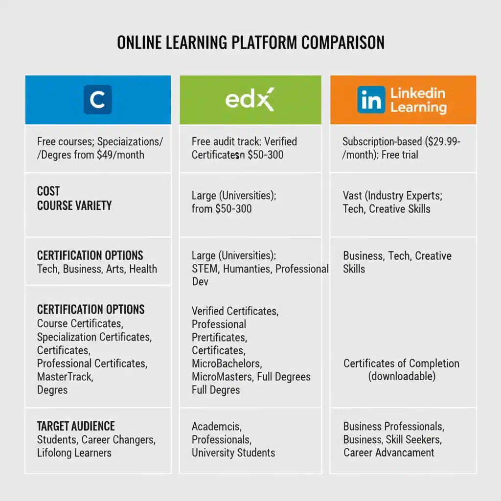Infographic comparing features of top three online learning platforms for adults.