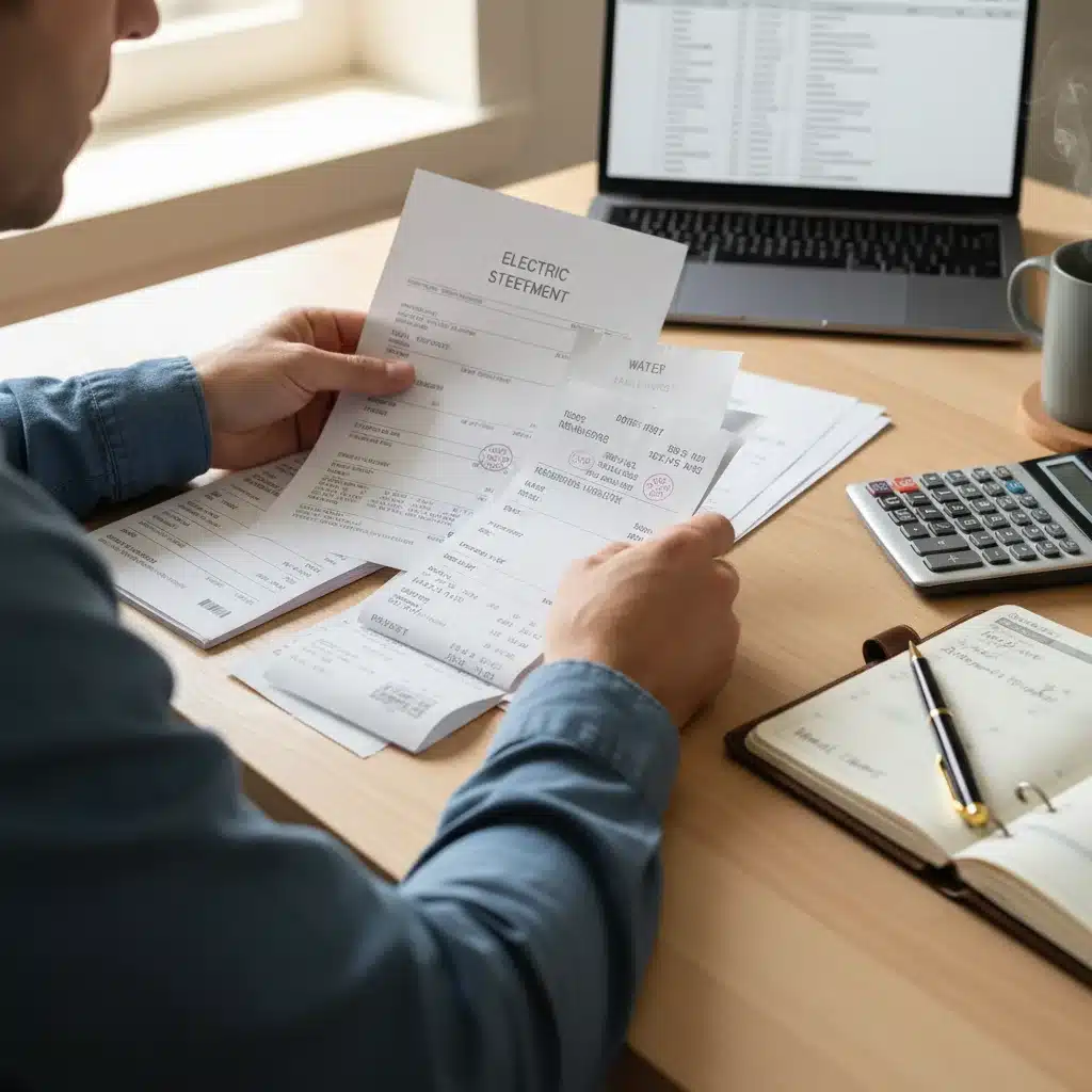Person meticulously organizing financial documents for SNAP benefit application.