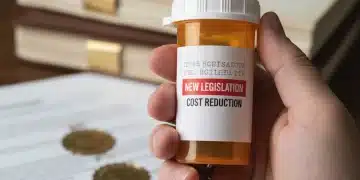 Hand holding prescription bottle with gavel and documents, symbolizing new drug cost legislation.