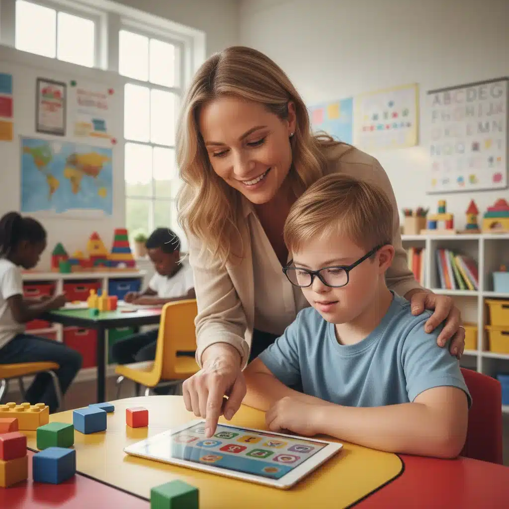 Teacher assisting special education student with learning technology