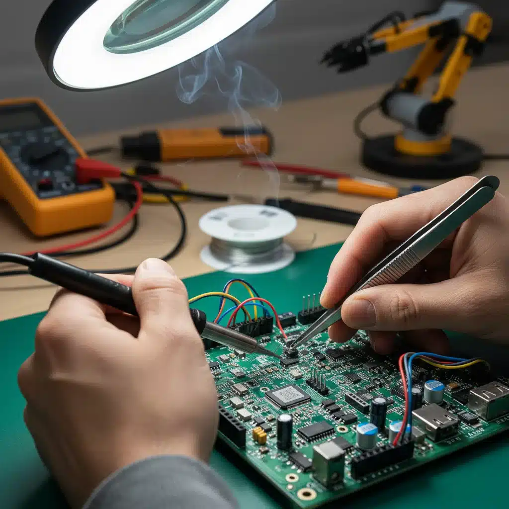 Hands working on a circuit board, symbolizing technical skill development.