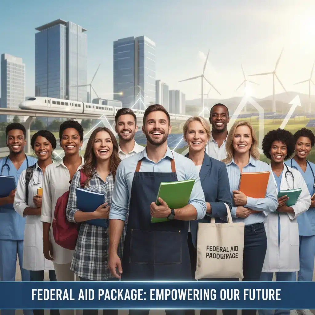 Diverse Americans benefiting from federal aid package initiatives.