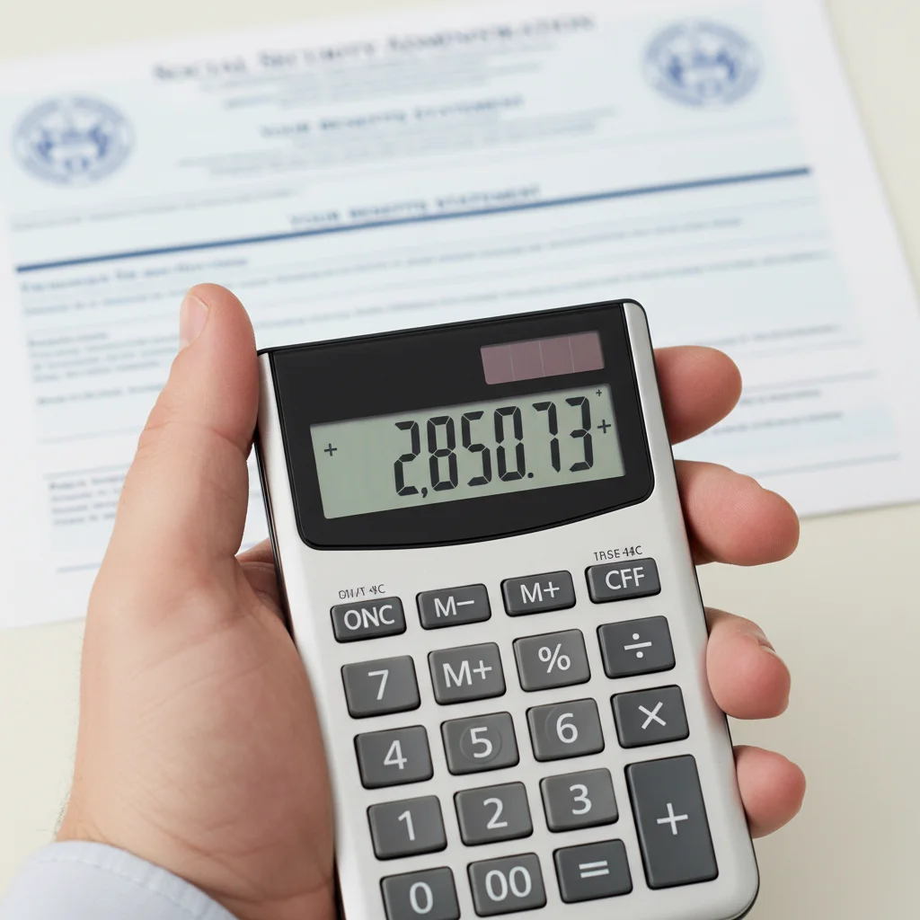 Hand calculating increased Social Security benefits with a calculator.