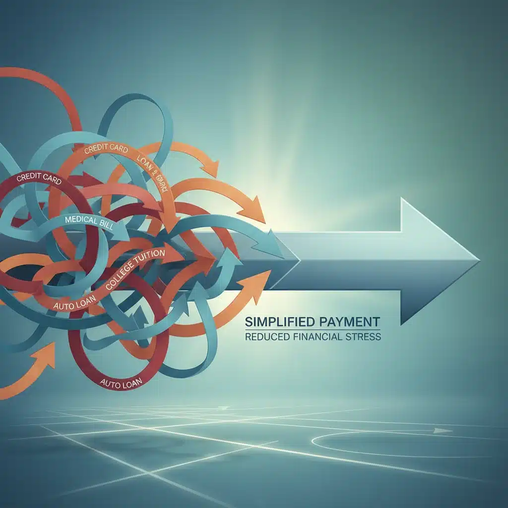 Graphic illustrating debt consolidation, showing multiple debts merging into a single, manageable payment.