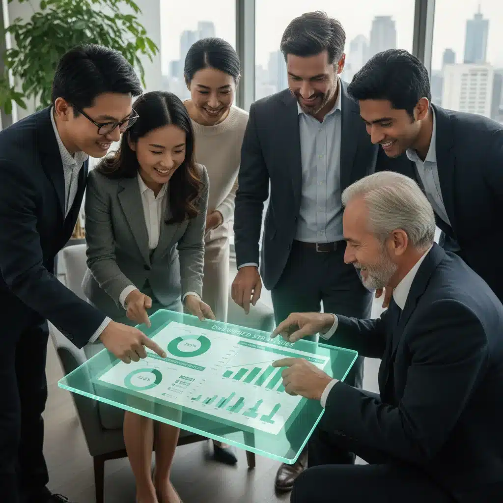 Diverse investors reviewing a digital tablet with a successful diversified investment portfolio, illustrating strategic allocation for 2026.