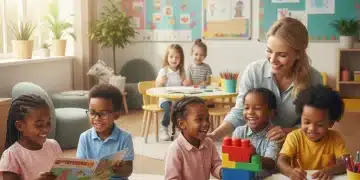 Diverse children learning happily in a bright early childhood education classroom.