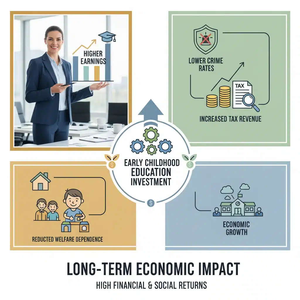 Infographic illustrating the long-term economic and societal benefits of early childhood education.