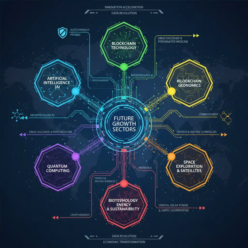 Infographic showing interconnected emerging technologies driving future growth sectors in the 2026 stock market.