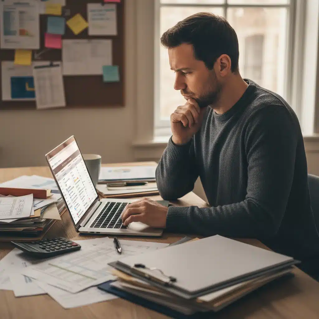 Individual evaluating loan options and repayment schedules on a laptop, surrounded by paperwork.