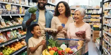 Family happily shopping for groceries with SNAP benefits, full cart