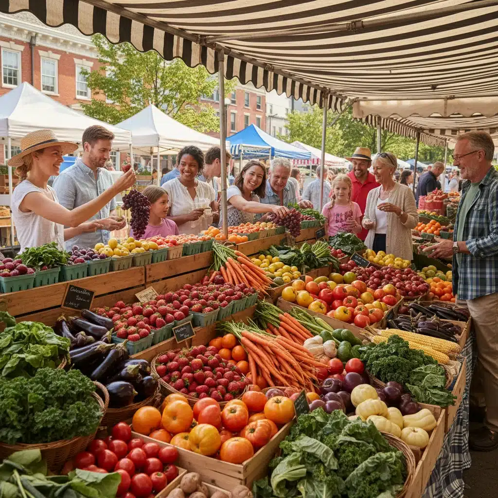 Fresh produce at a bustling farmer's market, healthy food choices