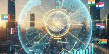 Global trade map with interconnected nations and a diplomatic handshake, symbolizing a new U.S. international trade agreement.