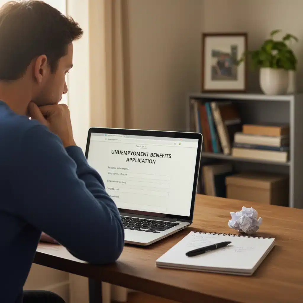 Person applying for unemployment benefits online, focusing on the digital application process.