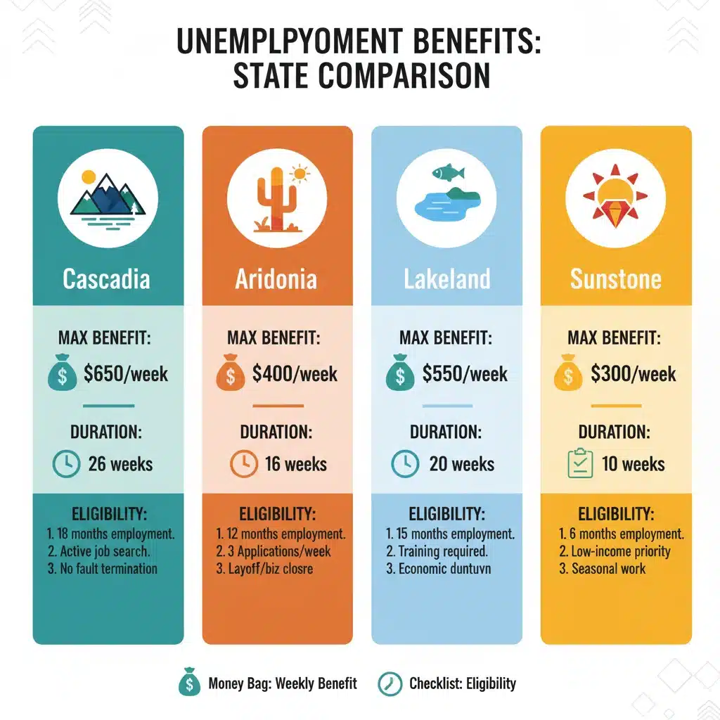 Infographic comparing unemployment benefit amounts and durations across different states.