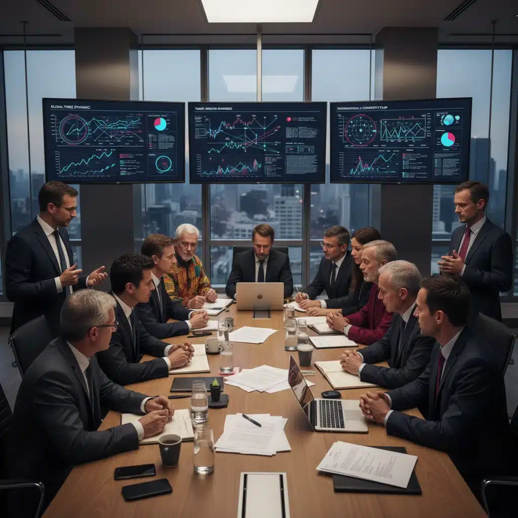 International business leaders and diplomats discussing trade agreements around a conference table.