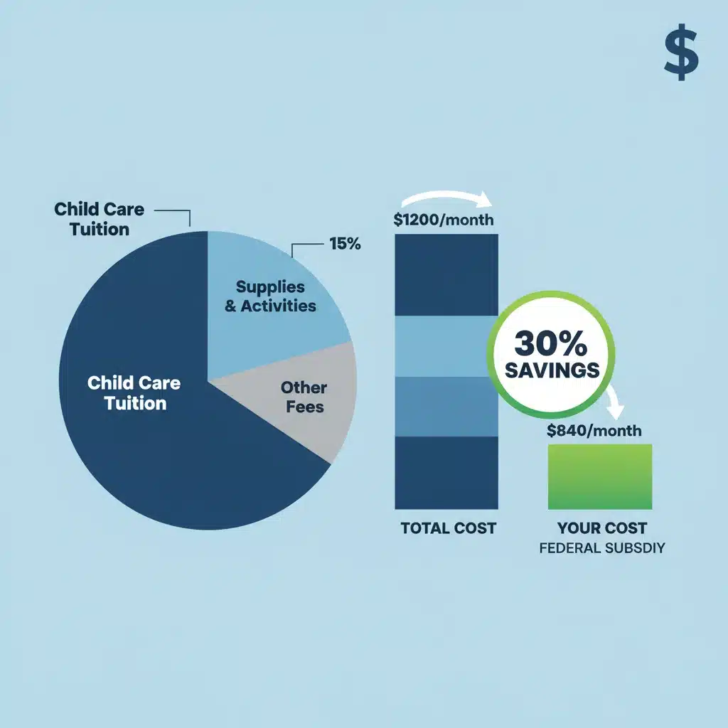 Infographic showing 30% reduction in child care costs with federal subsidies