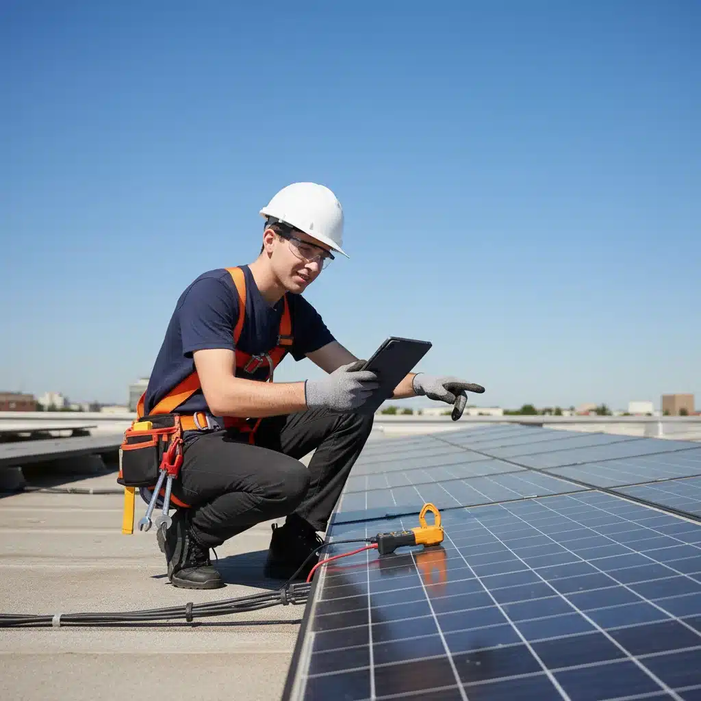 Apprentice technician inspecting solar panels for clean energy.