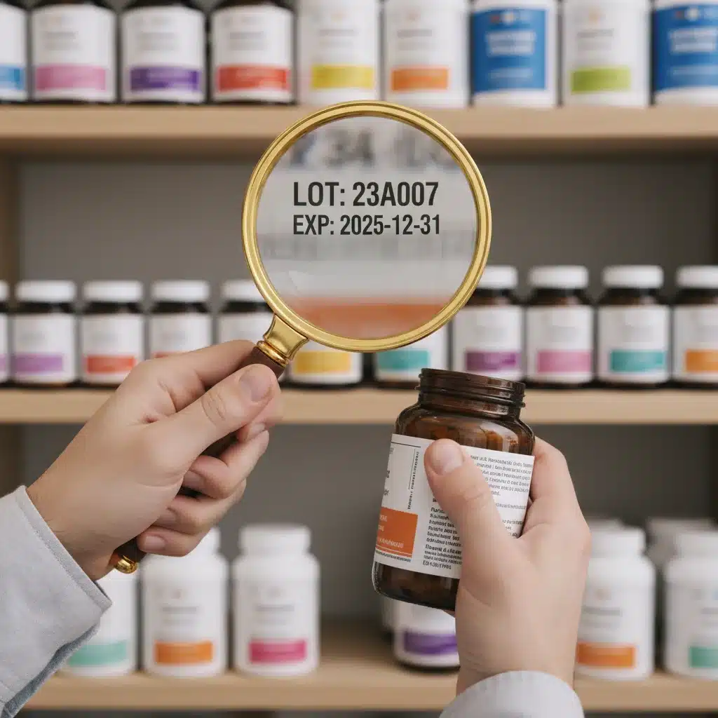 Person examining product label for recall information with a magnifying glass.