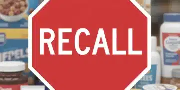 Red stop sign with 'RECALL' text over blurred consumer products, indicating an FDA product recall alert.