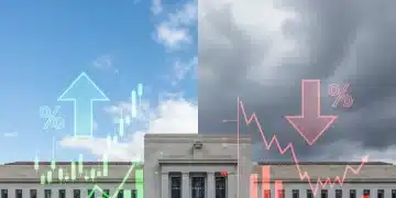Federal Reserve building with financial charts overlay, representing interest rate decisions and economic impact.