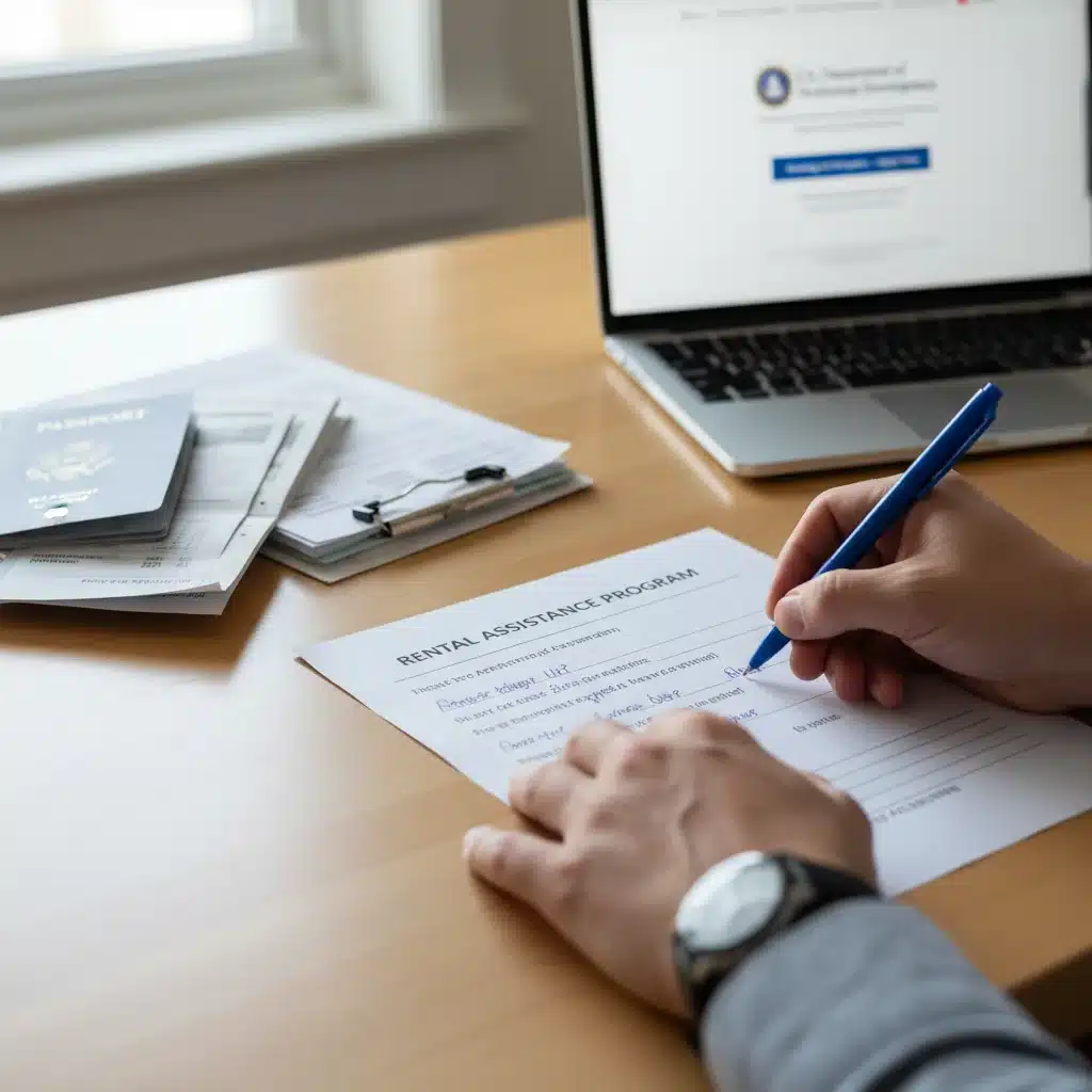 Hands completing an emergency rental assistance application form.
