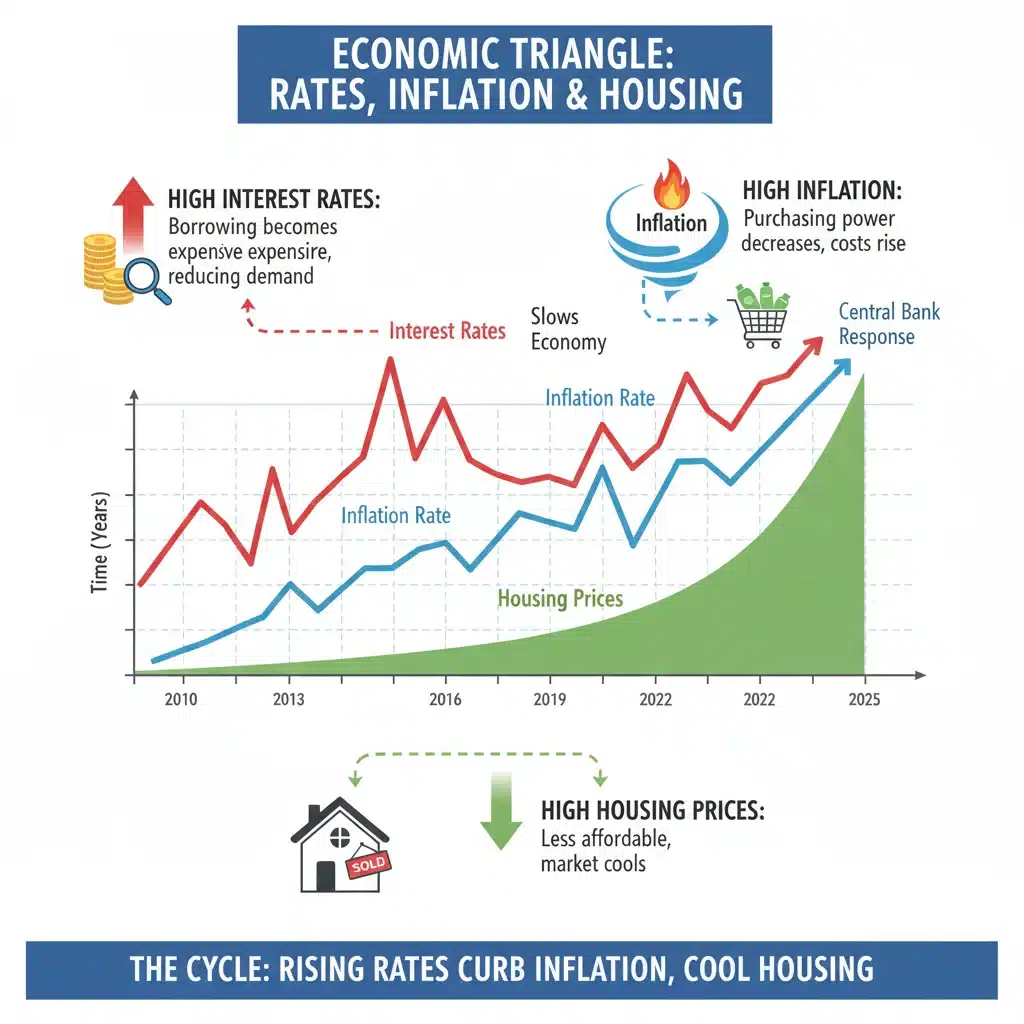 Infographic showing interest rates, inflation, and housing prices impact