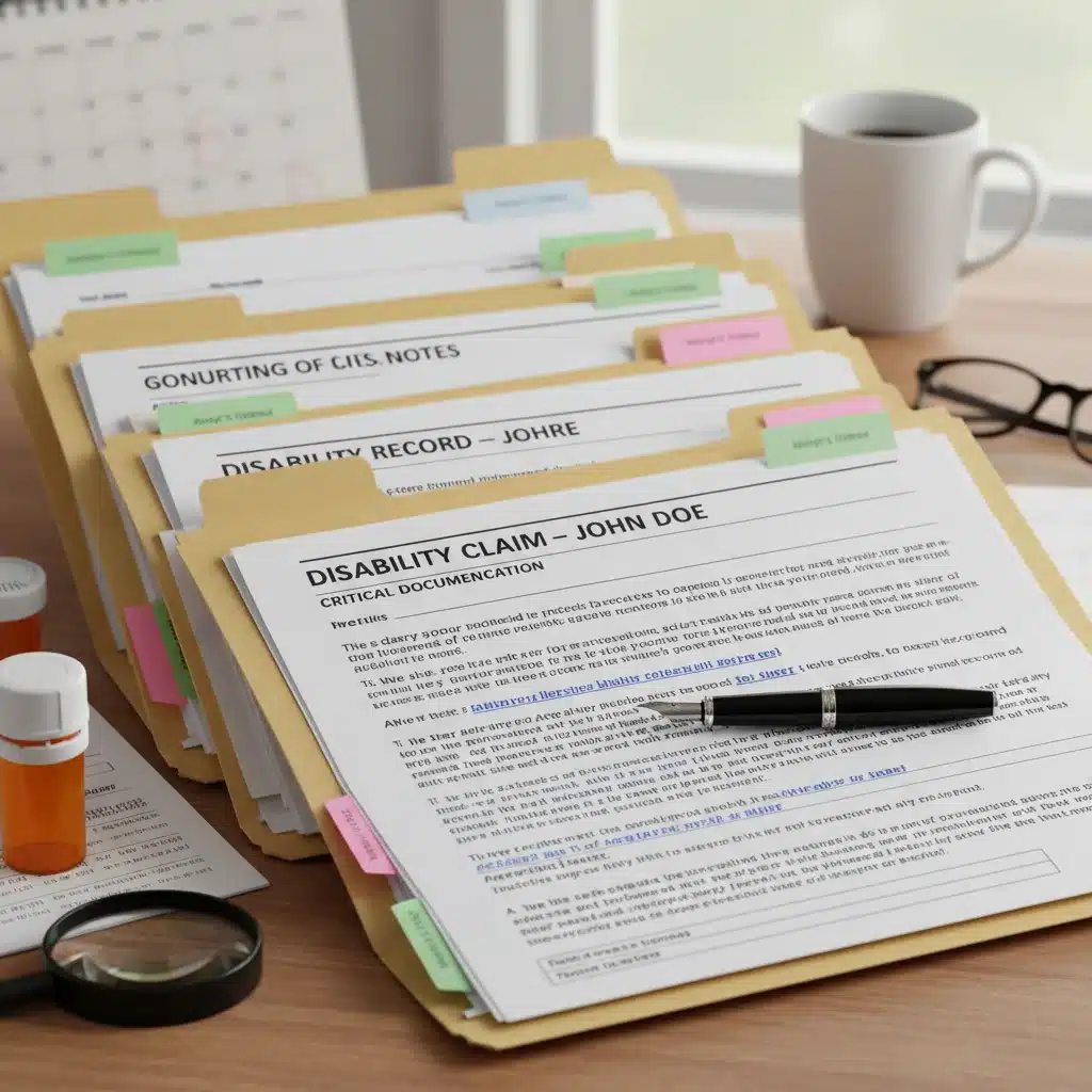 Organized medical records and legal documents for disability claim