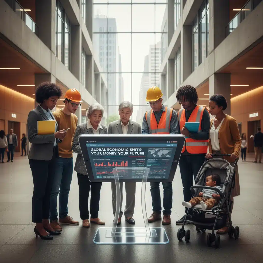 Diverse individuals reviewing financial news on a tablet, illustrating widespread economic impact.