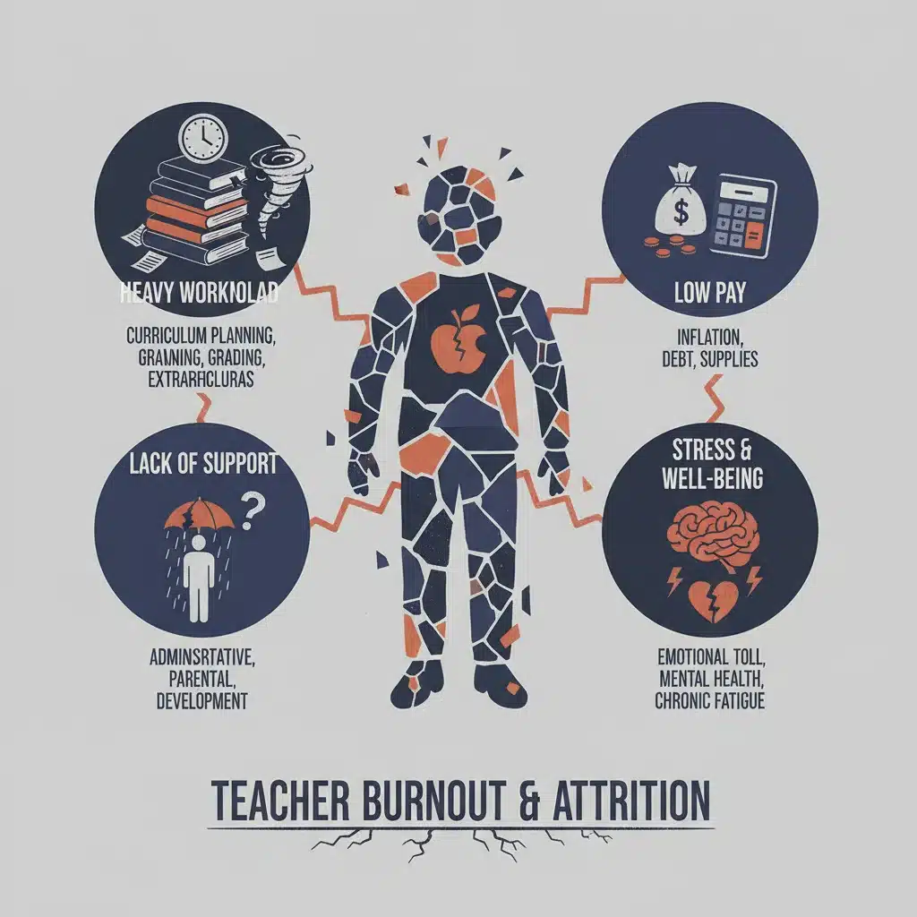 Factors contributing to teacher burnout and attrition, including workload and low pay.