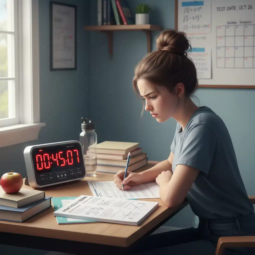 Student taking a timed practice test with a timer on the desk, simulating exam conditions.