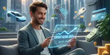 Person smiling at tablet showing rising credit score, symbolizing financial success.