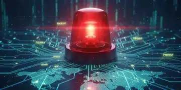 Urgent cybersecurity threat alert with flashing red siren over data network