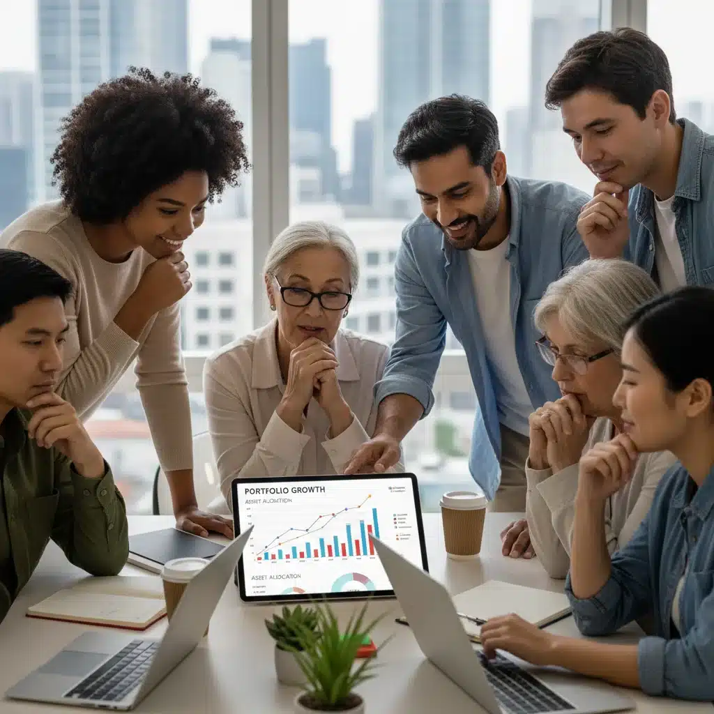 Diverse investors analyzing their digital investment portfolios