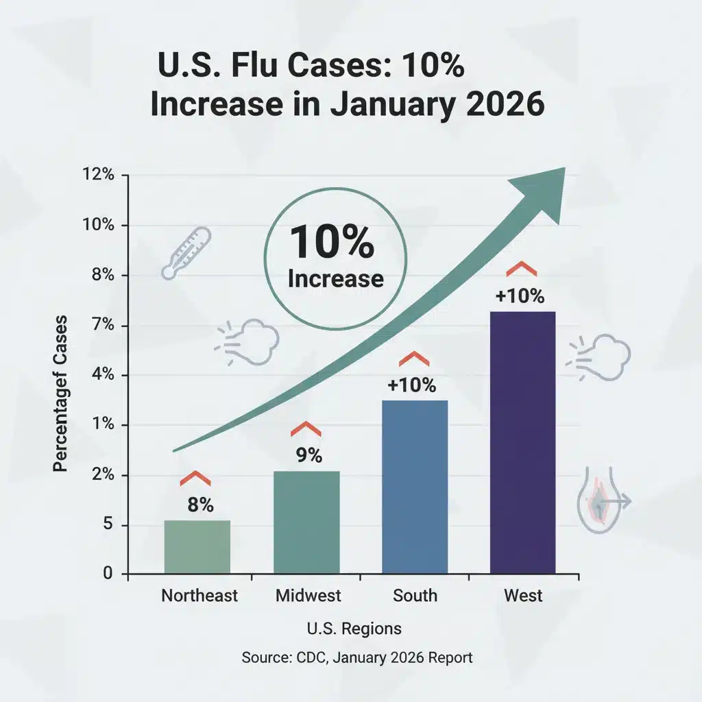 Infographic illustrating 10% flu case increase in US January 2026