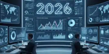 Futuristic investment dashboard displaying financial data for 2026