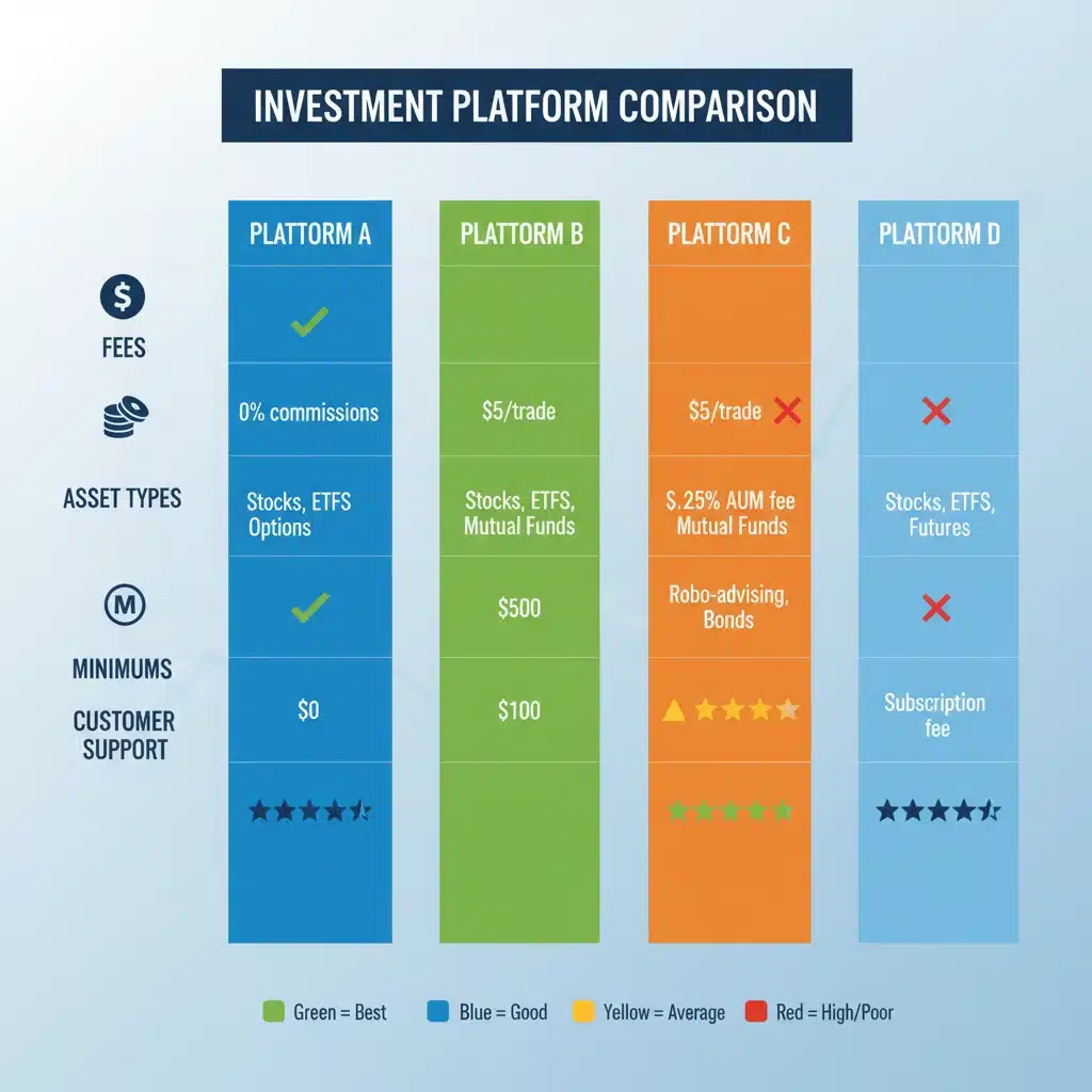 Infographic comparing features and fees of top investment platforms