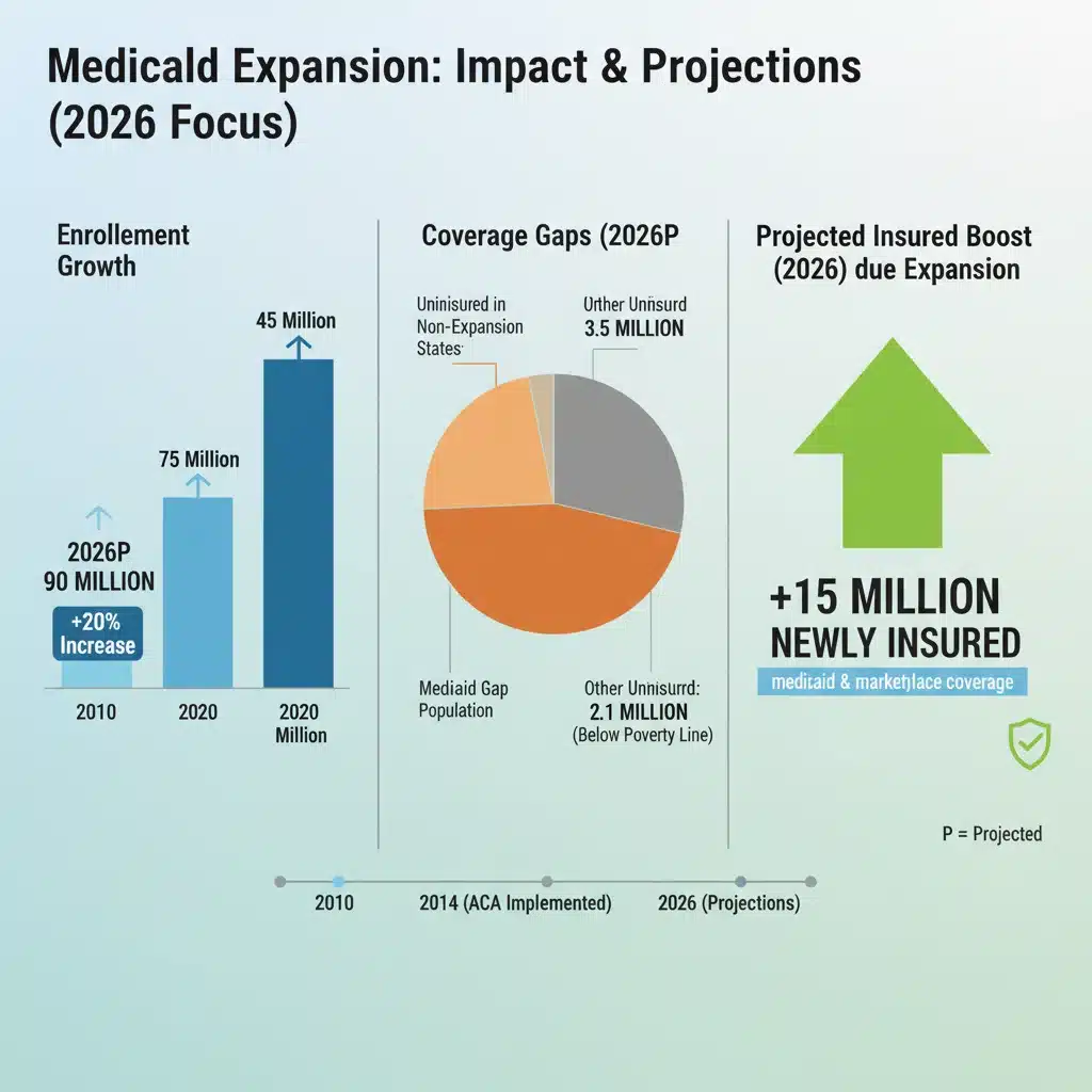 Infographic showing Medicaid enrollment growth and coverage projections for 2026