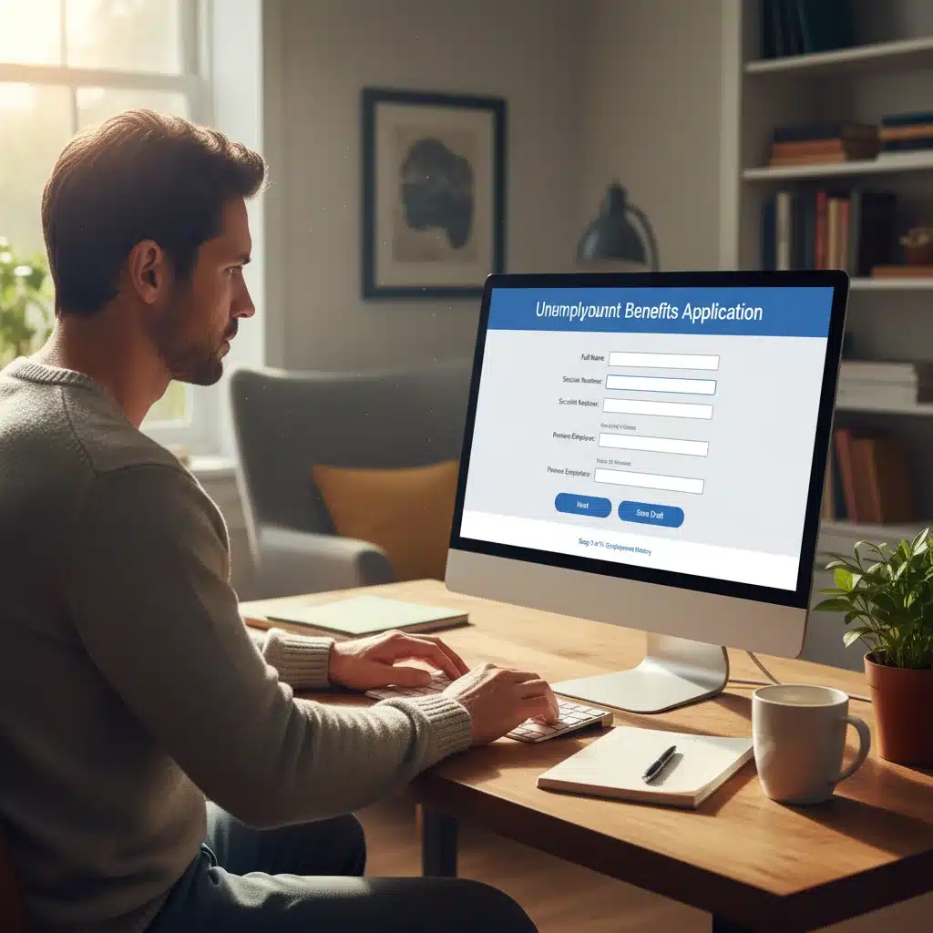 Person completing online unemployment benefits application form at home