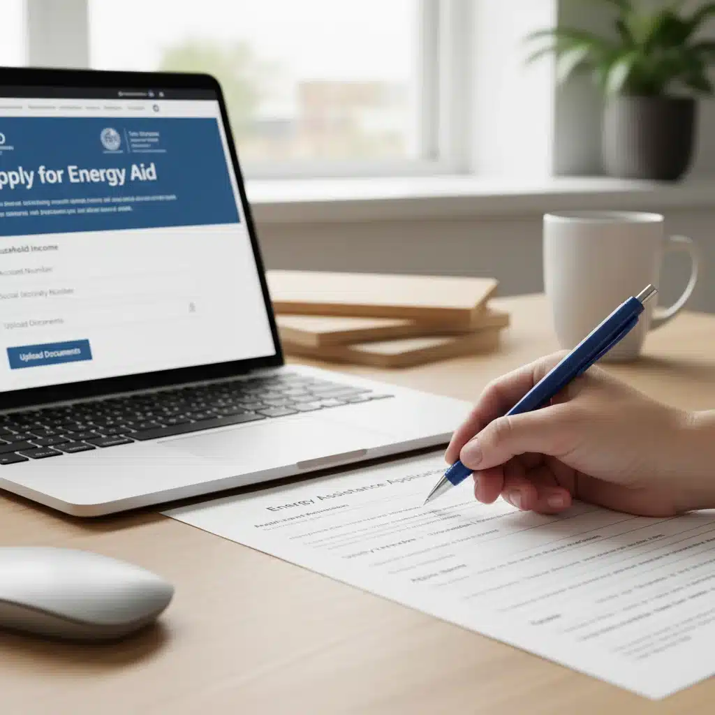 Hand completing an online application for energy assistance programs.