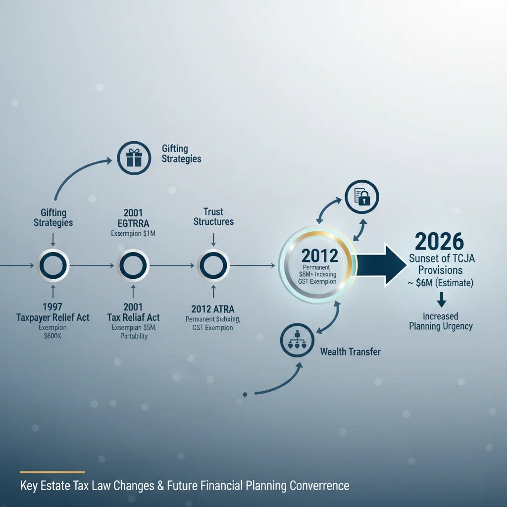 Timeline graphic showing key dates and changes in estate tax law leading to 2026