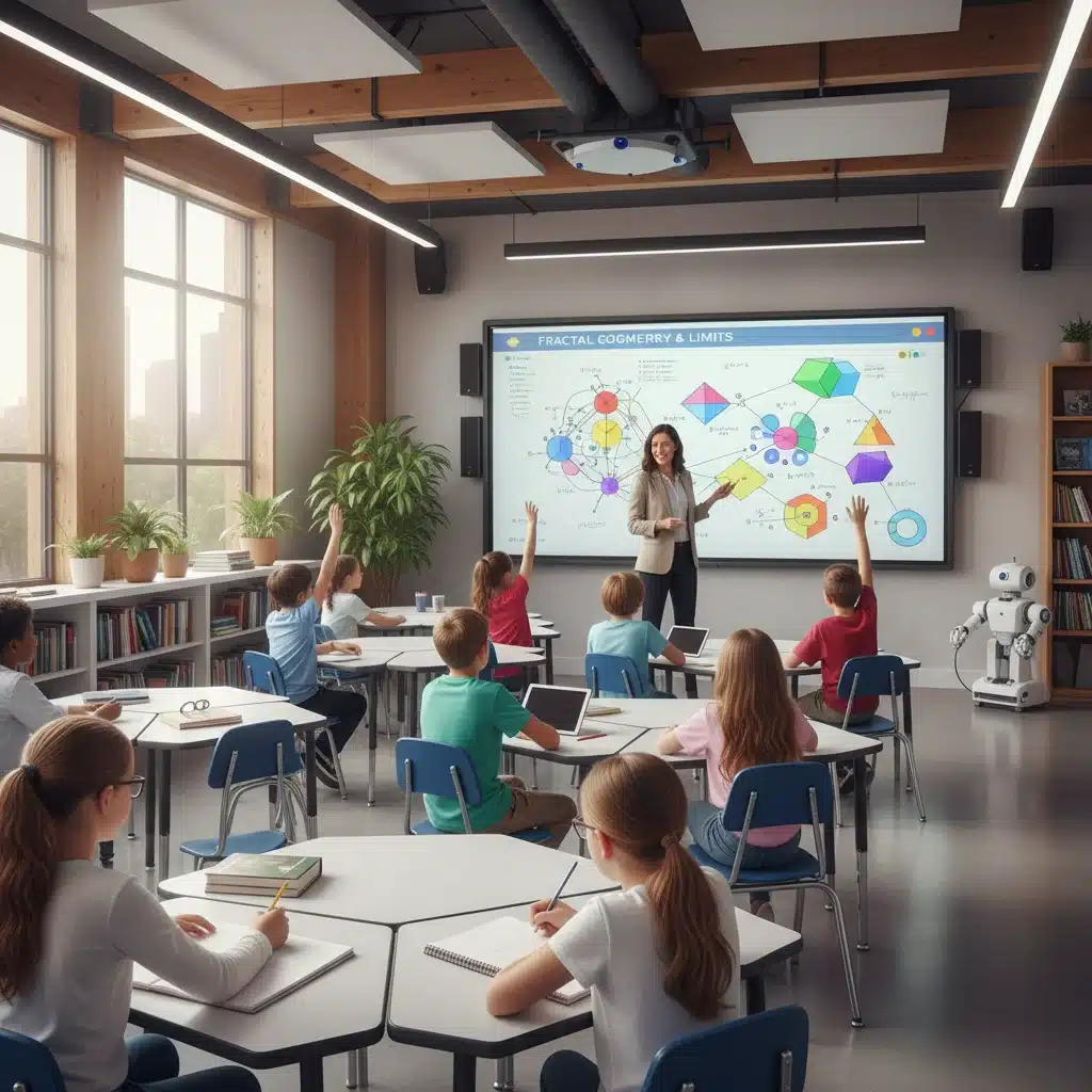 Teacher explaining math to students using an interactive whiteboard in a modern classroom.