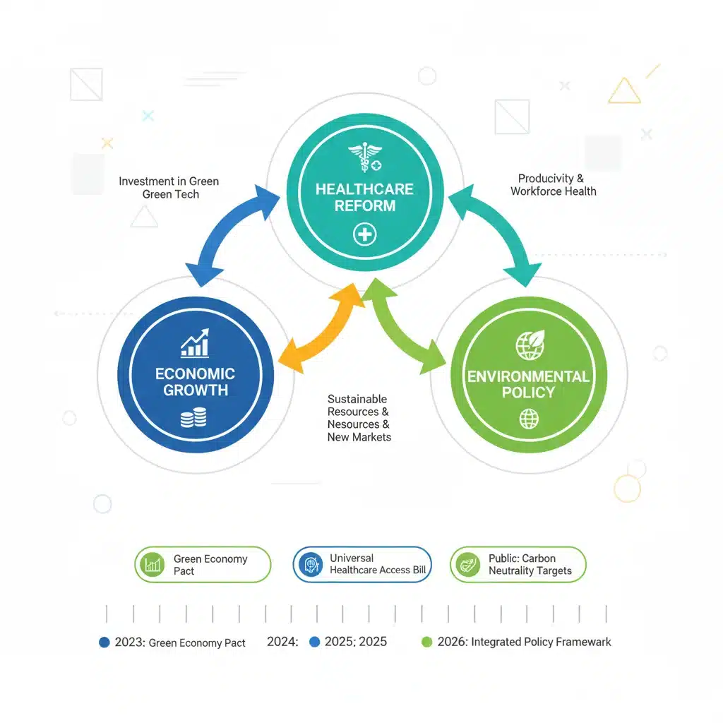 Infographic illustrating the interconnectedness of economic, healthcare, and environmental policies.