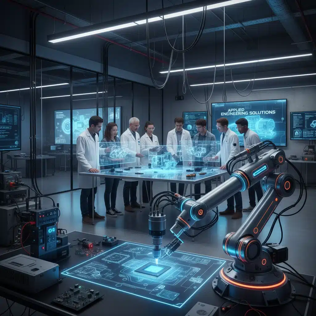 Robotic arm in a lab with engineers collaborating, showcasing advanced technology and engineering applications.