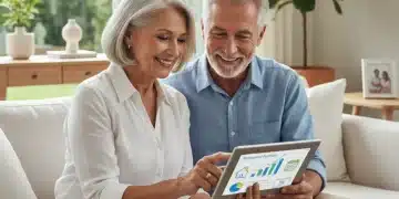 Happy senior couple reviewing Social Security benefits on a tablet