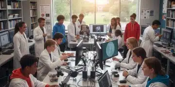 Students engaged in a hands-on STEM project with modern equipment, symbolizing federal investment in science education.