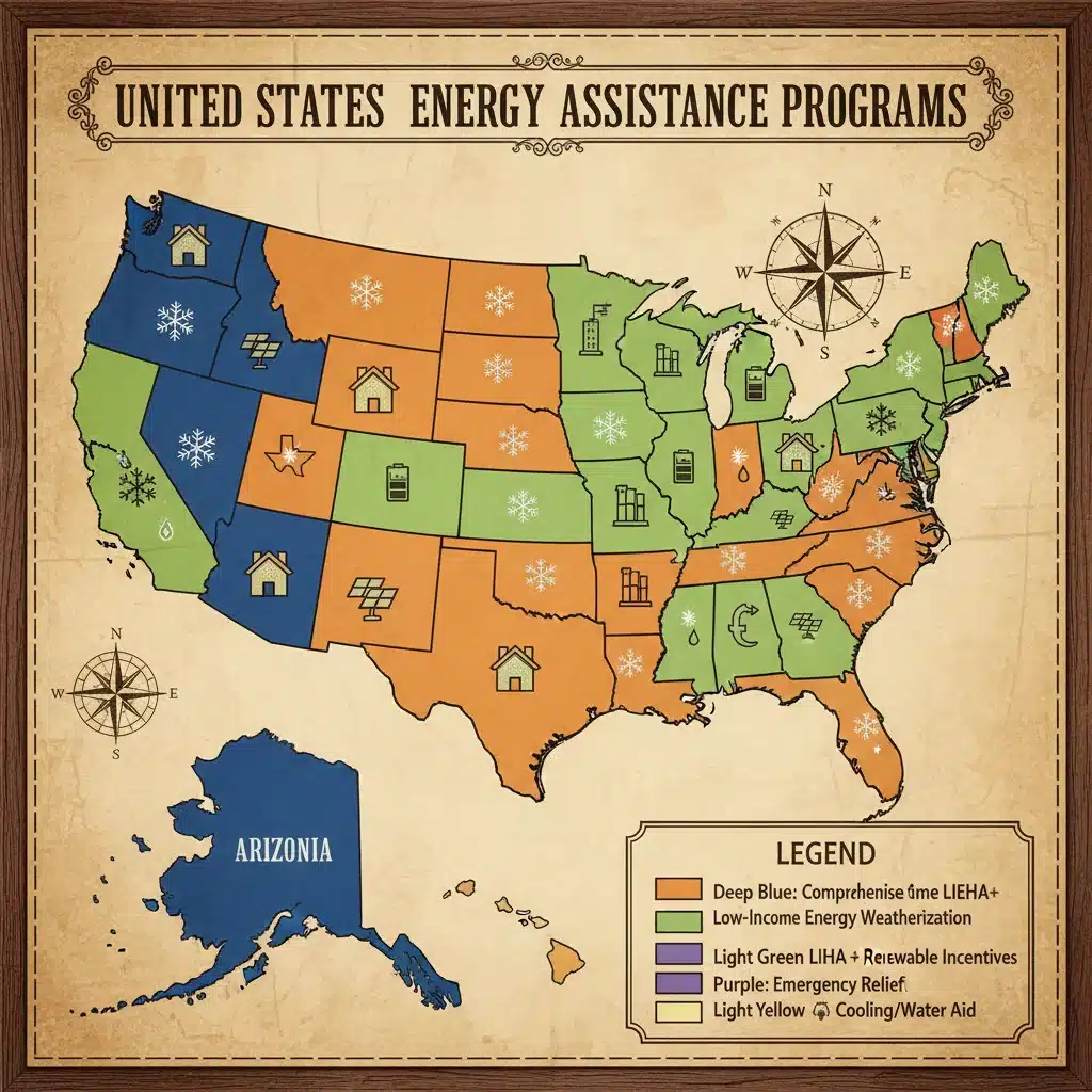 Map of the United States showing state-specific energy assistance programs.