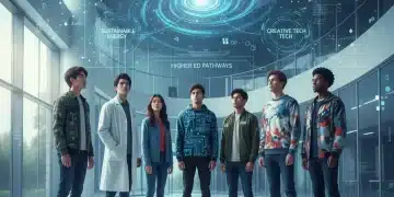 Students engaging with a holographic projection of the 2026 job market trends.
