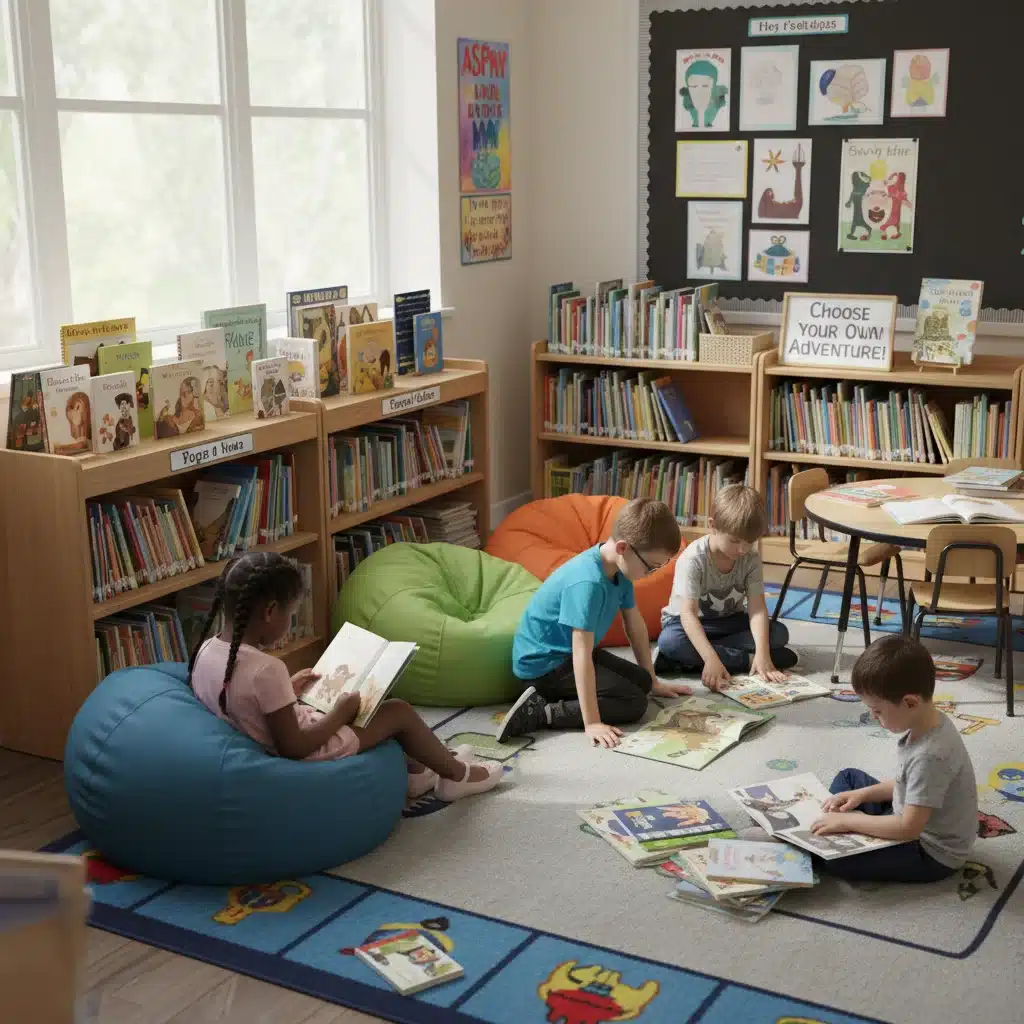 Children independently reading in a classroom library corner